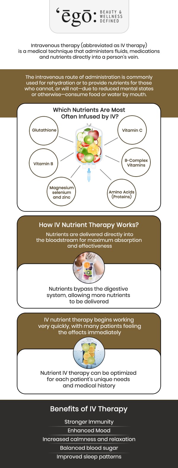 Vitamin IVs and shots are used to provide vital nutrients directly into the bloodstream in a fast and efficient manner. They provide several benefits, including more energy, enhanced immunological function, and hydration. Individuals with nutritional deficiencies, hectic lifestyles, or specific health conditions may benefit from vitamin IVs and shots. If you are considering vitamin IVs or shots, you should consult with a specialist at Ego Beauty and Wellness to determine the most effective supplements for your specific needs. For more information, contact us or schedule an appointment online. We have convenient locations to serve you in Modesto CA, and Lodi CA.