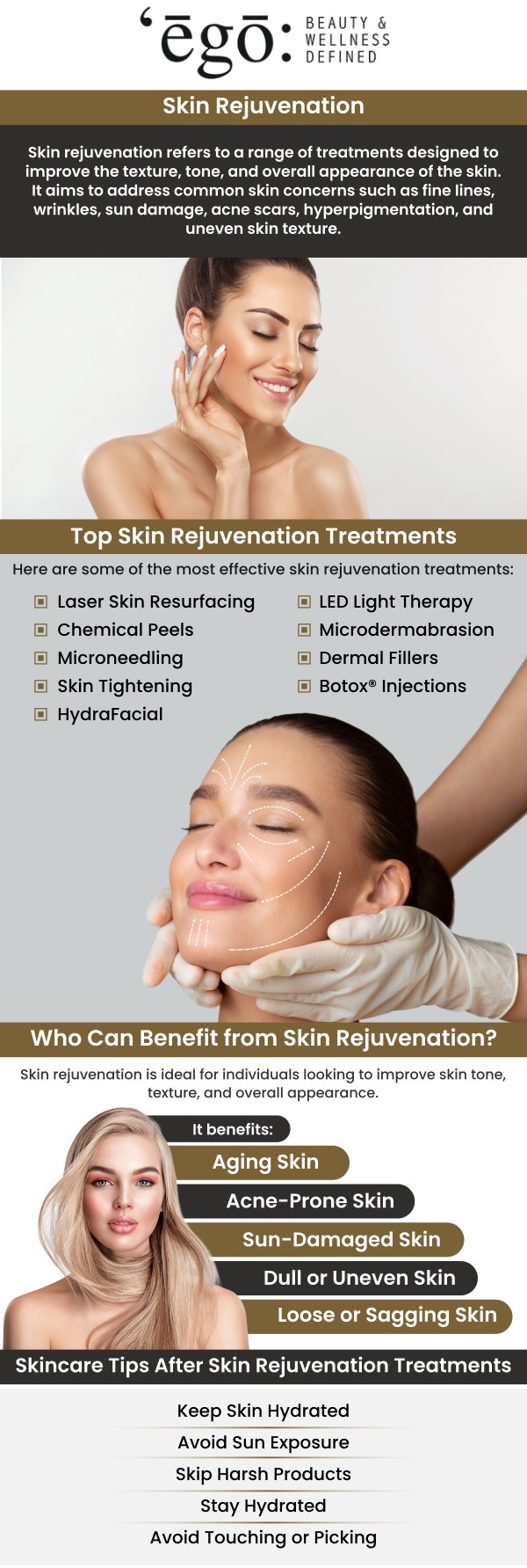 Skin rejuvenation procedures restore the skin's youthful appearance. Laser skin rejuvenation uses concentrated light to treat skin issues like fine lines, wrinkles, sun damage, uneven tone, and loss of elasticity, promoting collagen formation for a smoother, radiant glow and softer texture. Our specialists at Ego Beauty And Wellness offer skin rejuvenation treatments. For more information, contact us or schedule an appointment online. We have convenient locations to serve you in Modesto CA, and Lodi CA.