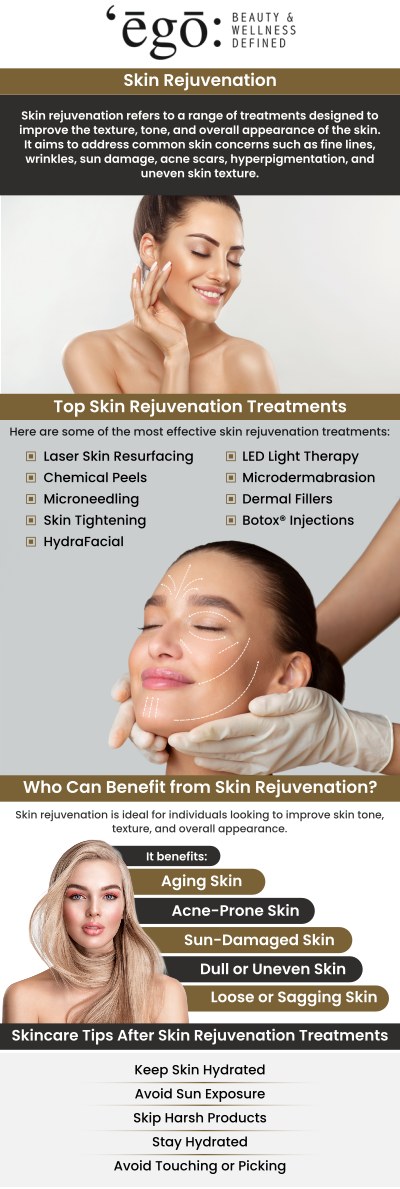 Skin rejuvenation procedures restore the skin's youthful appearance. Laser skin rejuvenation uses concentrated light to treat skin issues like fine lines, wrinkles, sun damage, uneven tone, and loss of elasticity, promoting collagen formation for a smoother, radiant glow and softer texture. Our specialists at Ego Beauty And Wellness offer skin rejuvenation treatments. For more information, contact us or schedule an appointment online. We have convenient locations to serve you in Modesto CA, and Lodi CA.